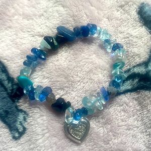 Multi color blue, glass, crystal bracelet with silver heart charm.Home made!🩵